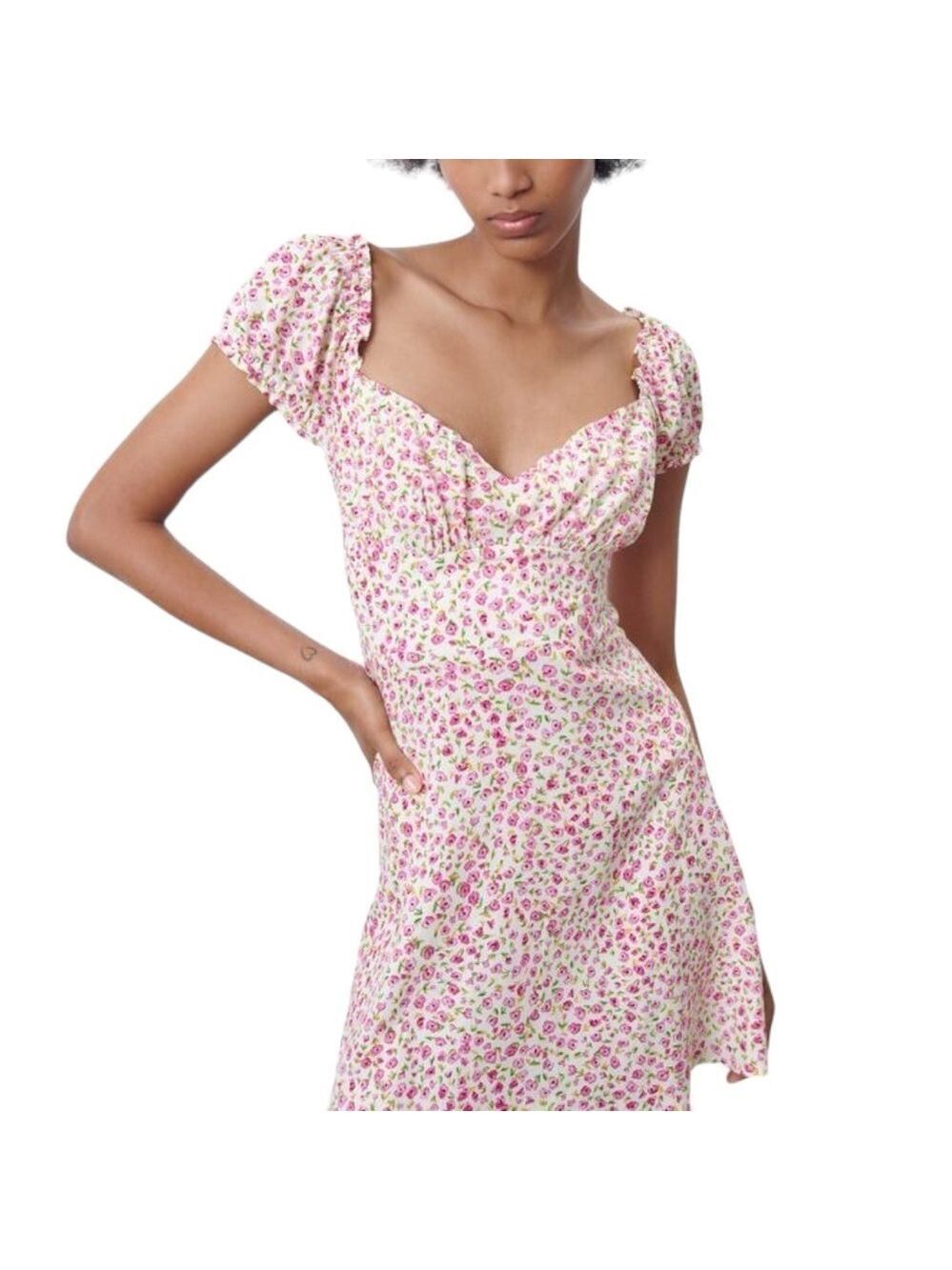 Zara Linen Blend White & Pink Floral Fit & Flare Mini Summer Dress